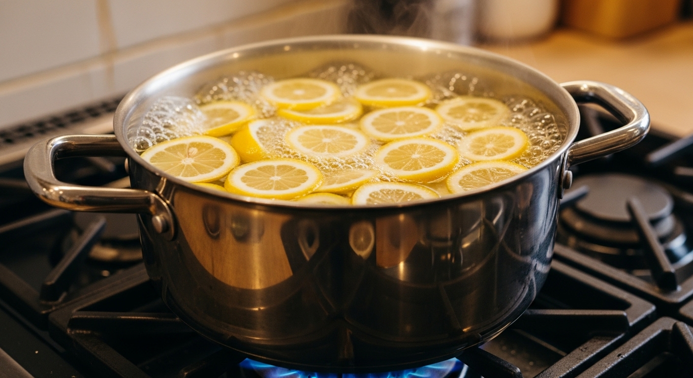 Nồi inox đựng chanh và nước đang sôi nhẹ trên bếp gas, minh họa cách làm sạch đáy nồi inox bị cháy đen hiệu quả và tự nhiên.