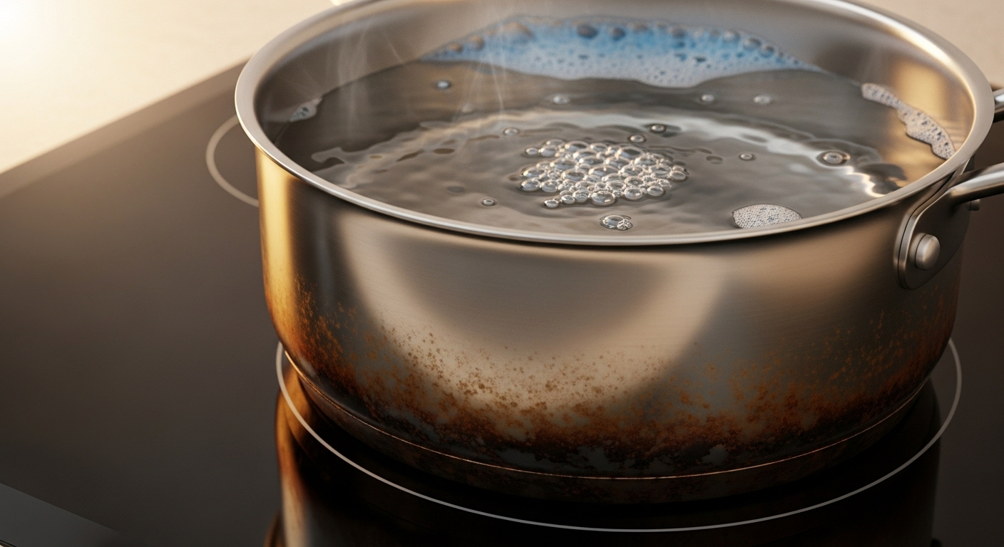 Nồi chảo bị cháy đang được đun nhẹ với nước rửa chén trên bếp, giúp làm mềm cặn, minh họa bước đầu trong cách làm sạch nồi chảo bị cháy hiệu quả.