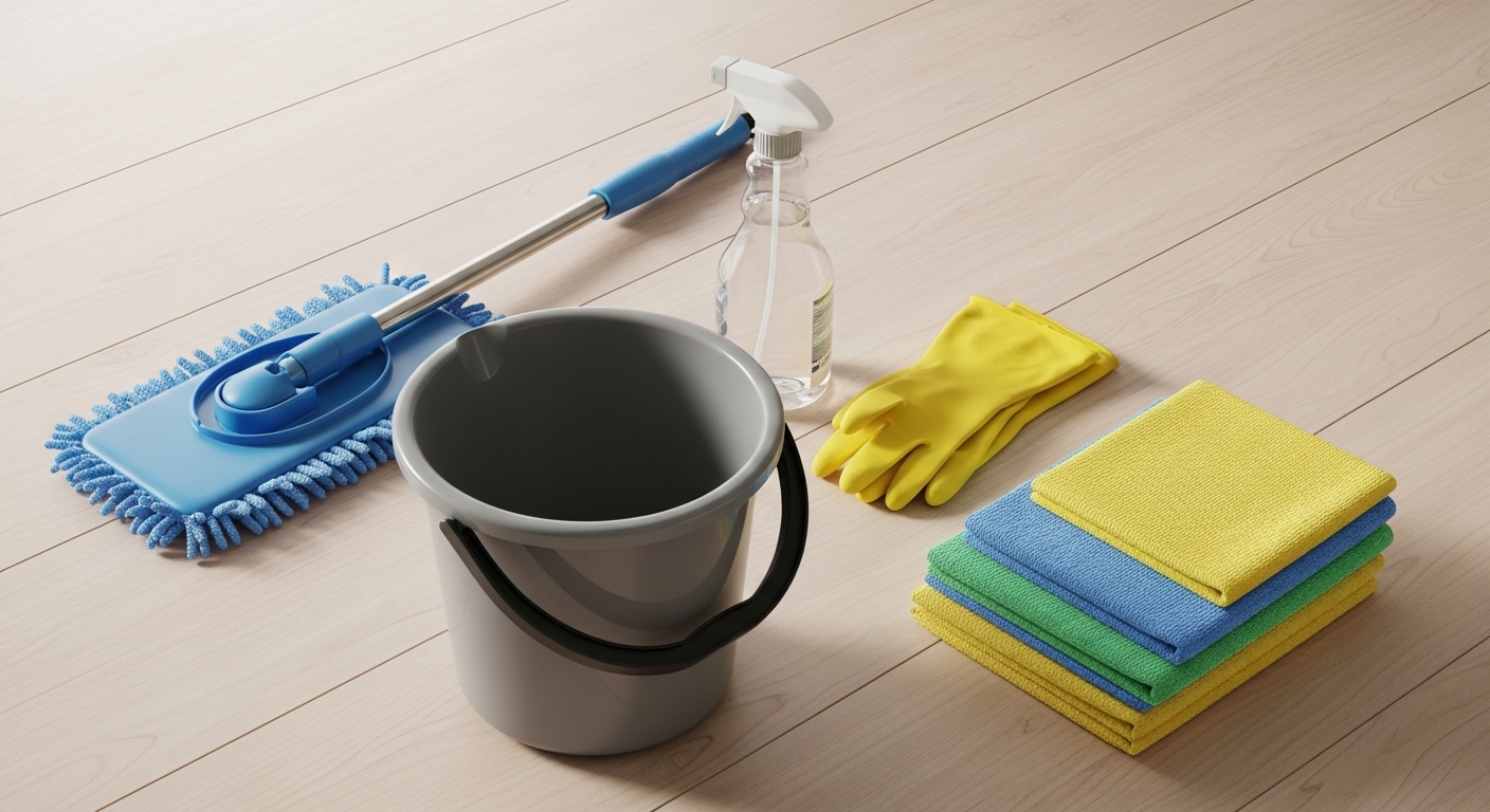 cây lau nhà microfiber xanh, xô, bình xịt, găng tay vàng và khăn lau sạch, đặt gọn gàng trên bề mặt gỗ sáng.