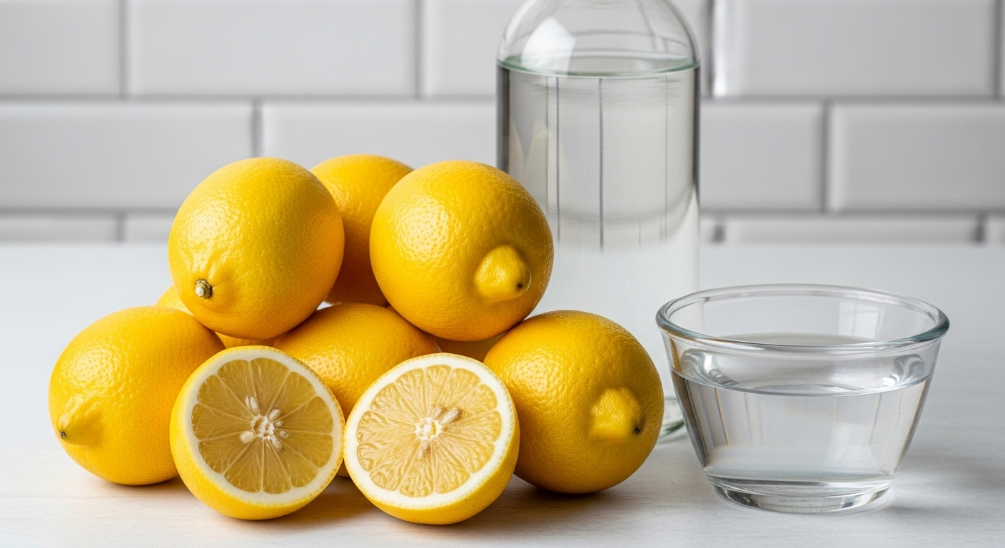 Chanh tươi, giấm, baking soda và muối biển trên bàn gỗ mộc, là các nguyên liệu tự nhiên cho cách lau nhà sạch bóng.