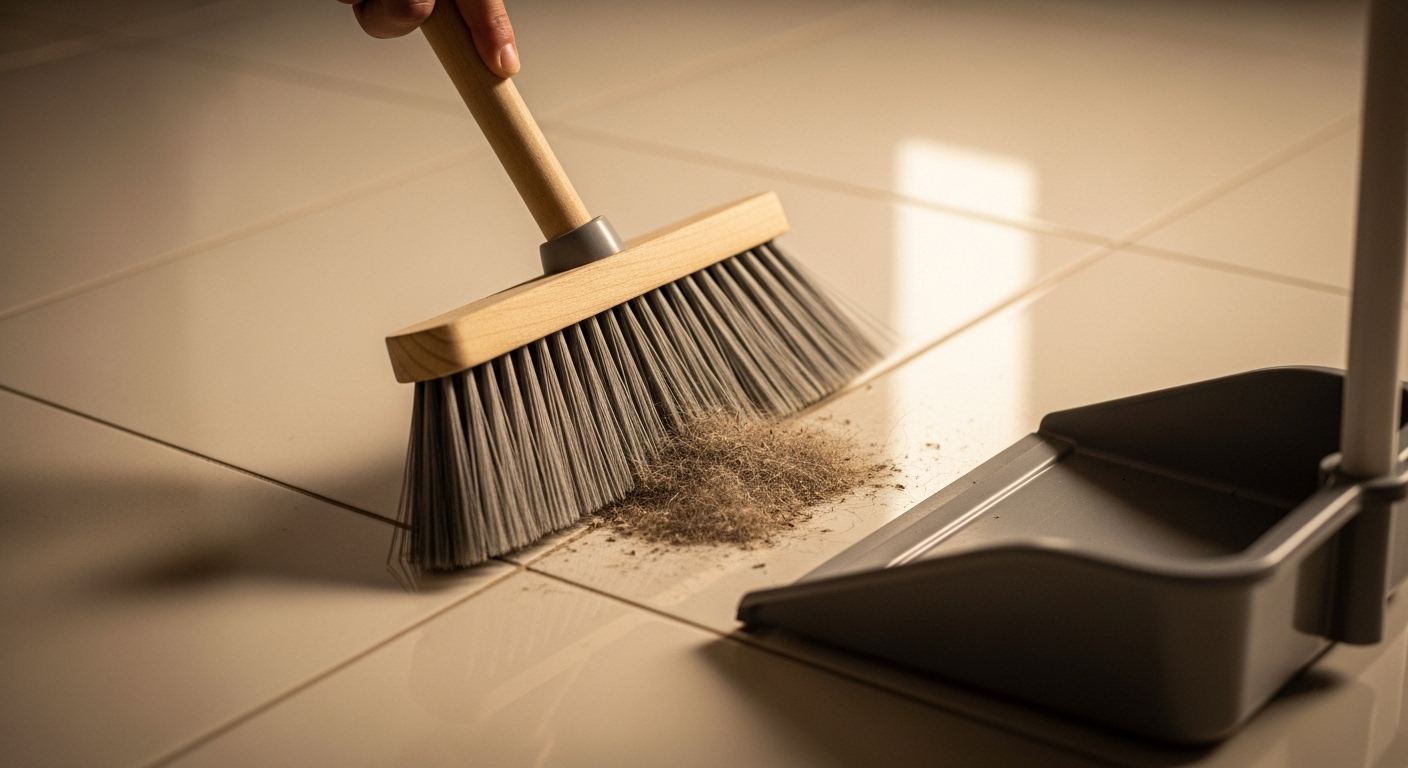 Cận cảnh một người dùng chổi mềm quét gom bụi trên sàn gạch sáng màu, cho thấy một trong những cách lau nhà sạch bóng hiệu quả. Cận cảnh một người dùng chổi mềm quét gom bụi trên sàn gạch sáng màu, cho thấy một trong những cách lau nhà sạch bóng hiệu quả.