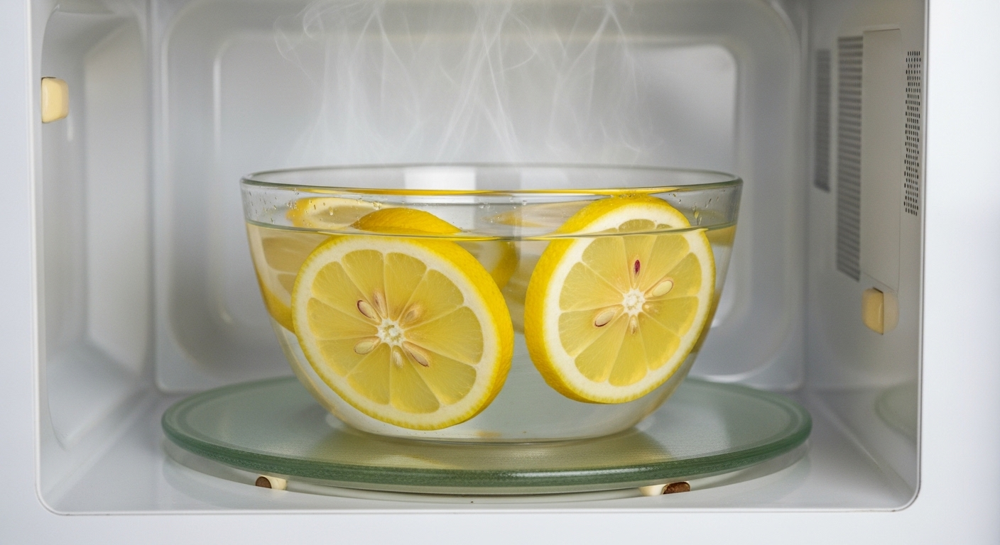 Hơi nước từ lát chanh vàng trong bát nước bên trong lò vi sóng, minh họa mẹo làm sạch nhà bếp tự nhiên và hiệu quả.