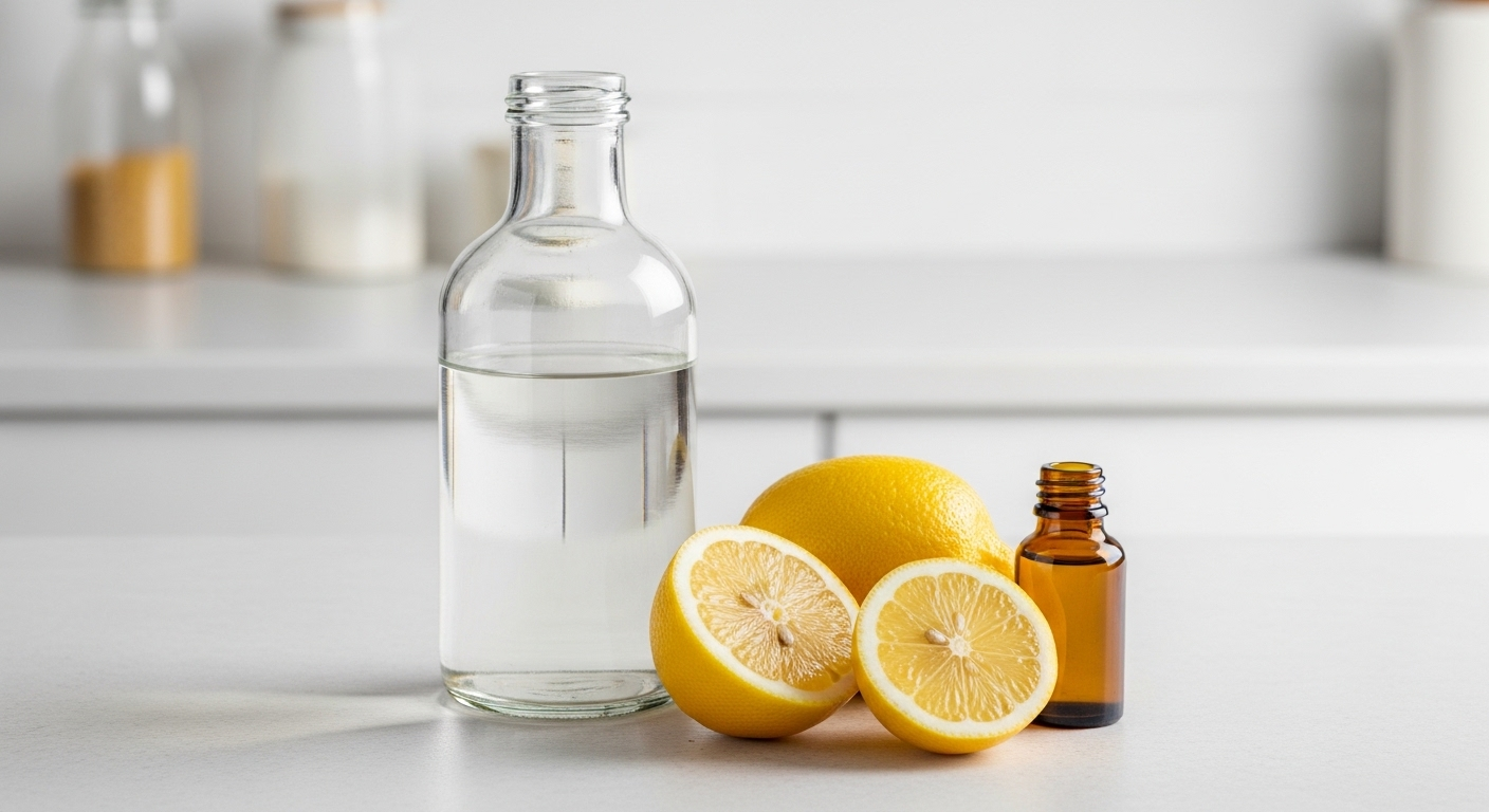 Nguyên liệu tự nhiên gồm giấm trắng, chanh tươi và tinh dầu trên bàn bếp, gợi ý cách lau nhà sạch hiệu quả.