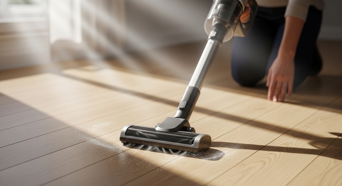 Bàn tay đang sử dụng máy hút bụi cầm tay hiện đại trên sàn gỗ sáng màu, minh họa cách lau nhà sạch và nhanh chóng dưới ánh nắng mặt trời.
