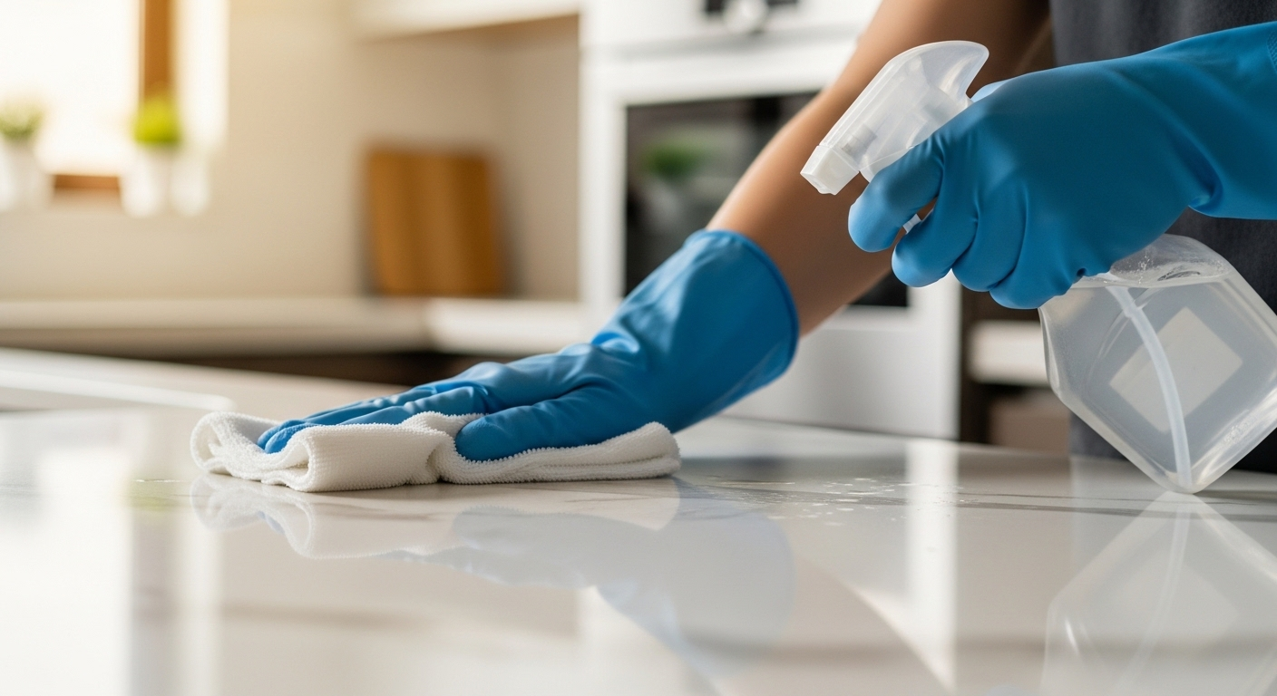 Cận cảnh bàn tay đeo găng tay xanh dùng khăn và bình xịt lau dọn mặt bếp, thể hiện cách vệ sinh nhà cửa sạch sẽ và đúng cách.