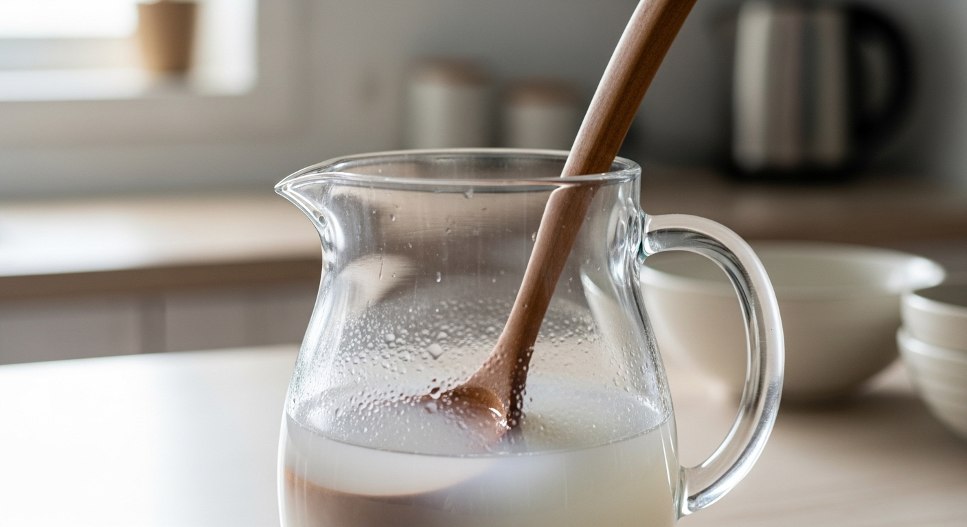 Cận cảnh bình thủy tinh với nước vo gạo đục và muỗng gỗ trên bàn bếp sáng. Đây là nguyên liệu chính cho cách làm nước lau sàn tự nhiên, hiệu quả và thân thiện với môi trường.