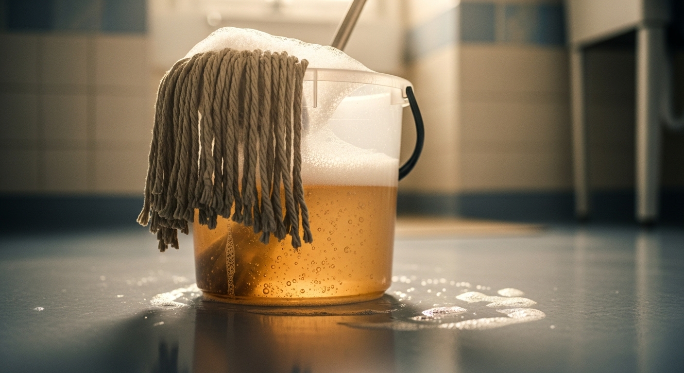 Đầu cây lau nhà ngâm trong xô nước xà phòng ấm, có bọt, minh họa cách làm sạch cây lau nhà hiệu quả.