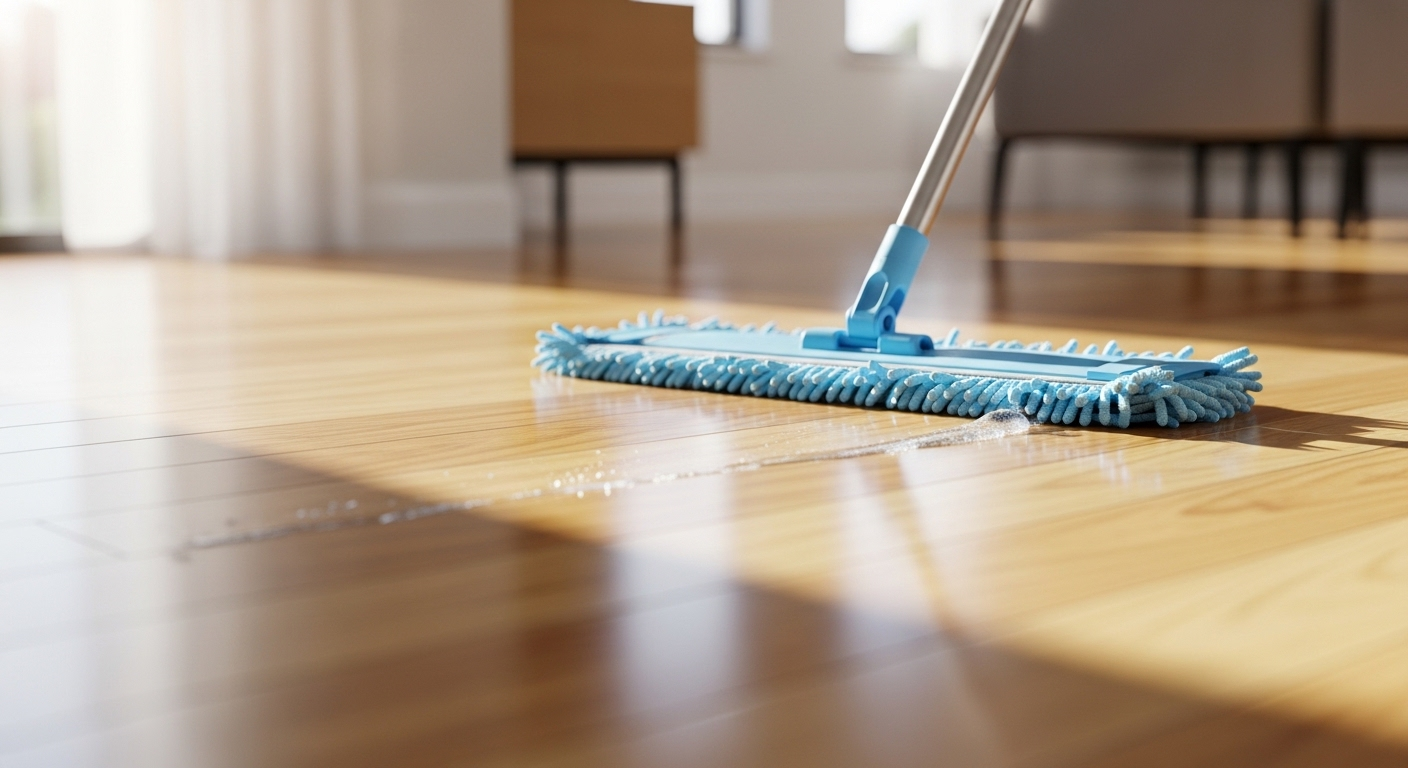 Cây lau nhà sợi nhỏ lướt nhẹ trên sàn gỗ sáng bóng, minh họa cách lau nhà sạch giúp sàn luôn tinh tươm và sáng bóng.
