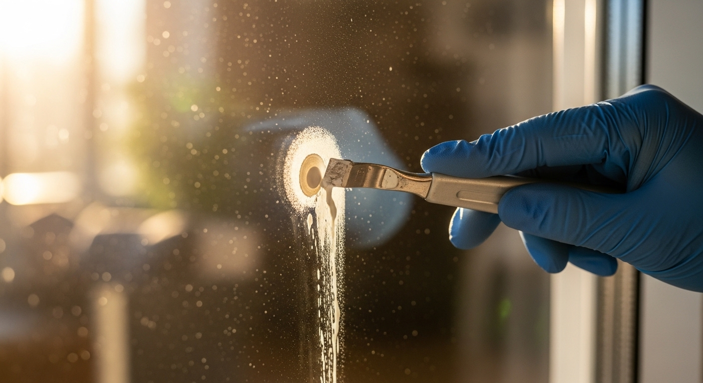 Cận cảnh bàn tay đeo găng dùng dụng cụ chuyên dụng cạo vết sơn khô trên kính cửa sổ, một phần thiết yếu trong quy trình vệ sinh sau xây dựng. Việc làm sạch chi tiết này quan trọng không kém gì cách vệ sinh sàn nhà sau xây dựng để có không gian hoàn hảo.