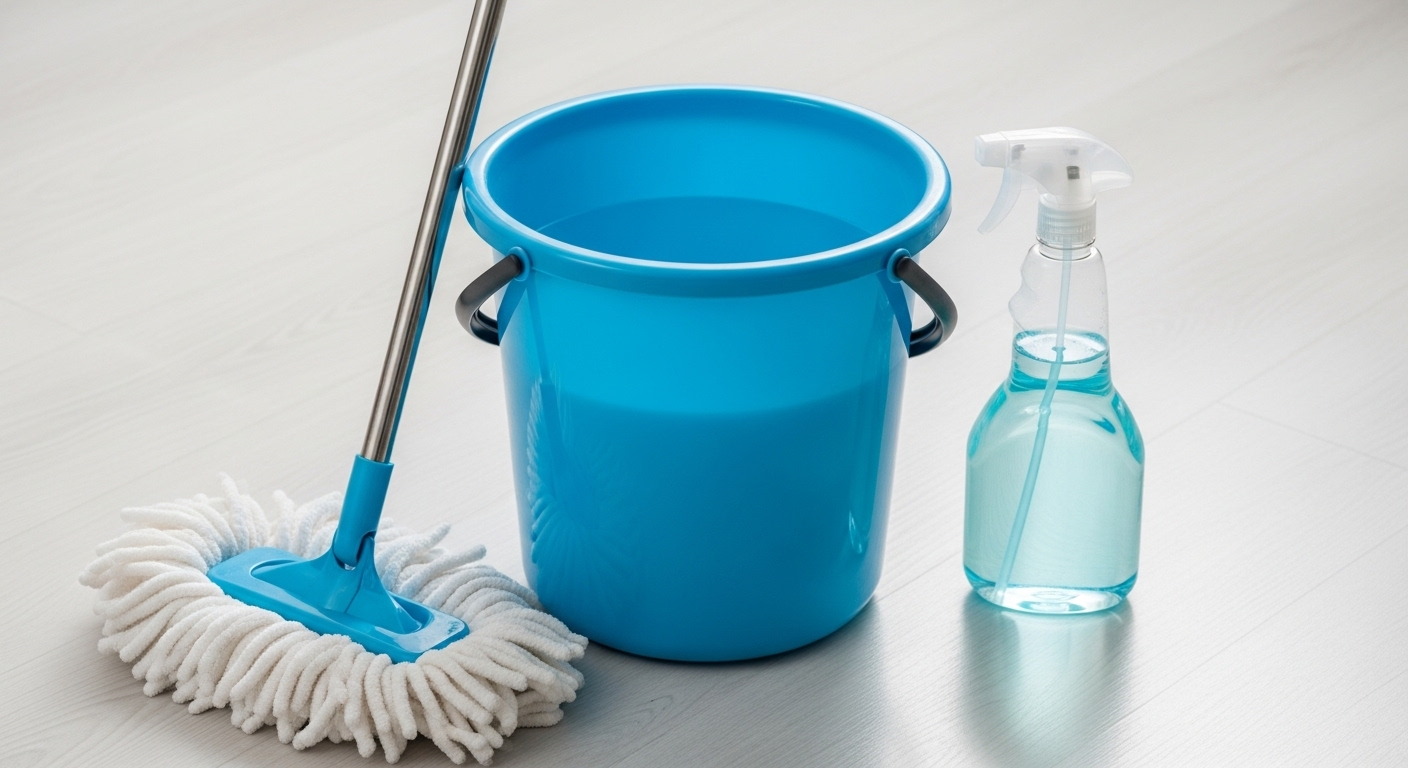 xô nước xanh, cây lau microfiber trắng và bình xịt dung dịch, sẵn sàng cho cách lau nhà sạch và hiệu quả trên sàn sáng màu.