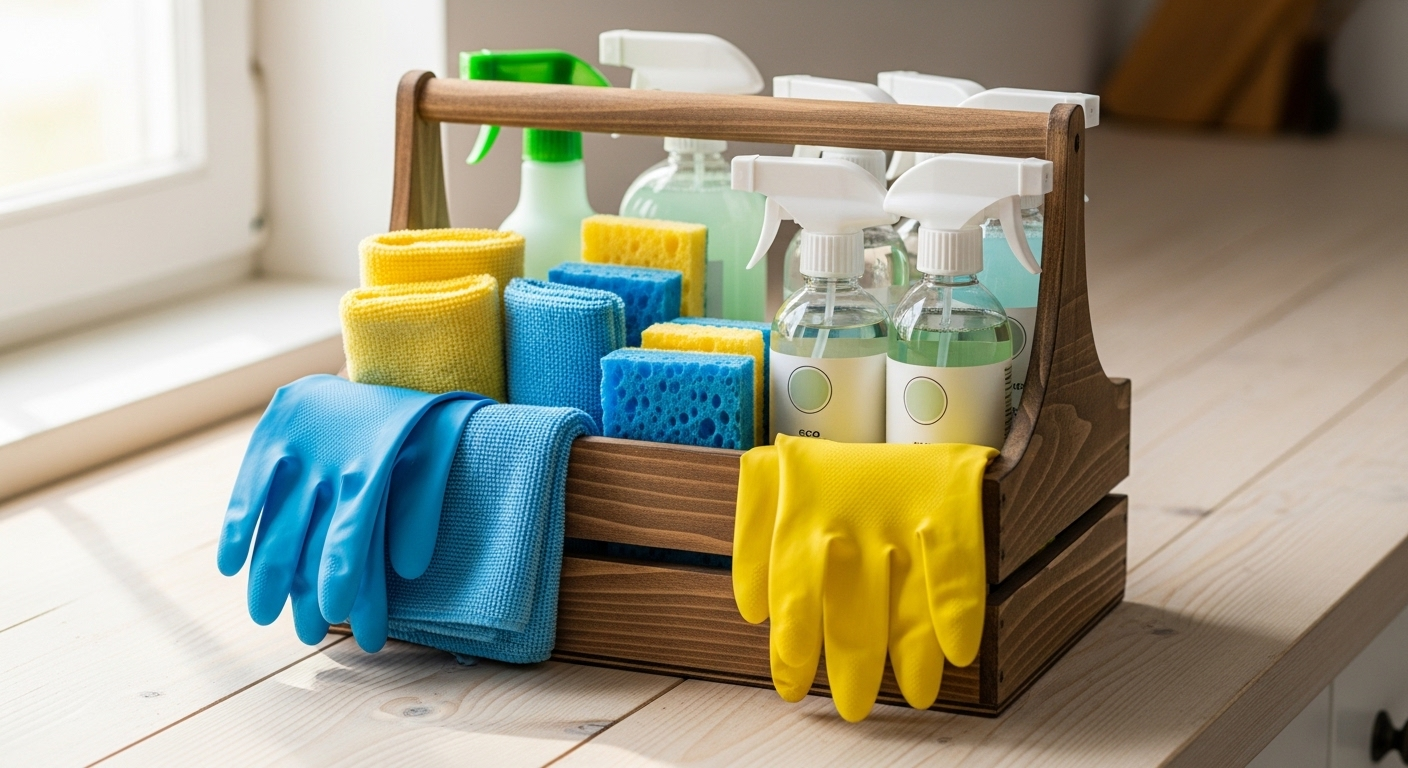 Dụng cụ làm sạch nhà bếp gọn gàng trong giỏ gỗ (khăn microfiber, mút rửa, găng tay, chai xịt thân thiện môi trường) - cần thiết cho mọi mẹo làm sạch nhà bếp hiệu quả.