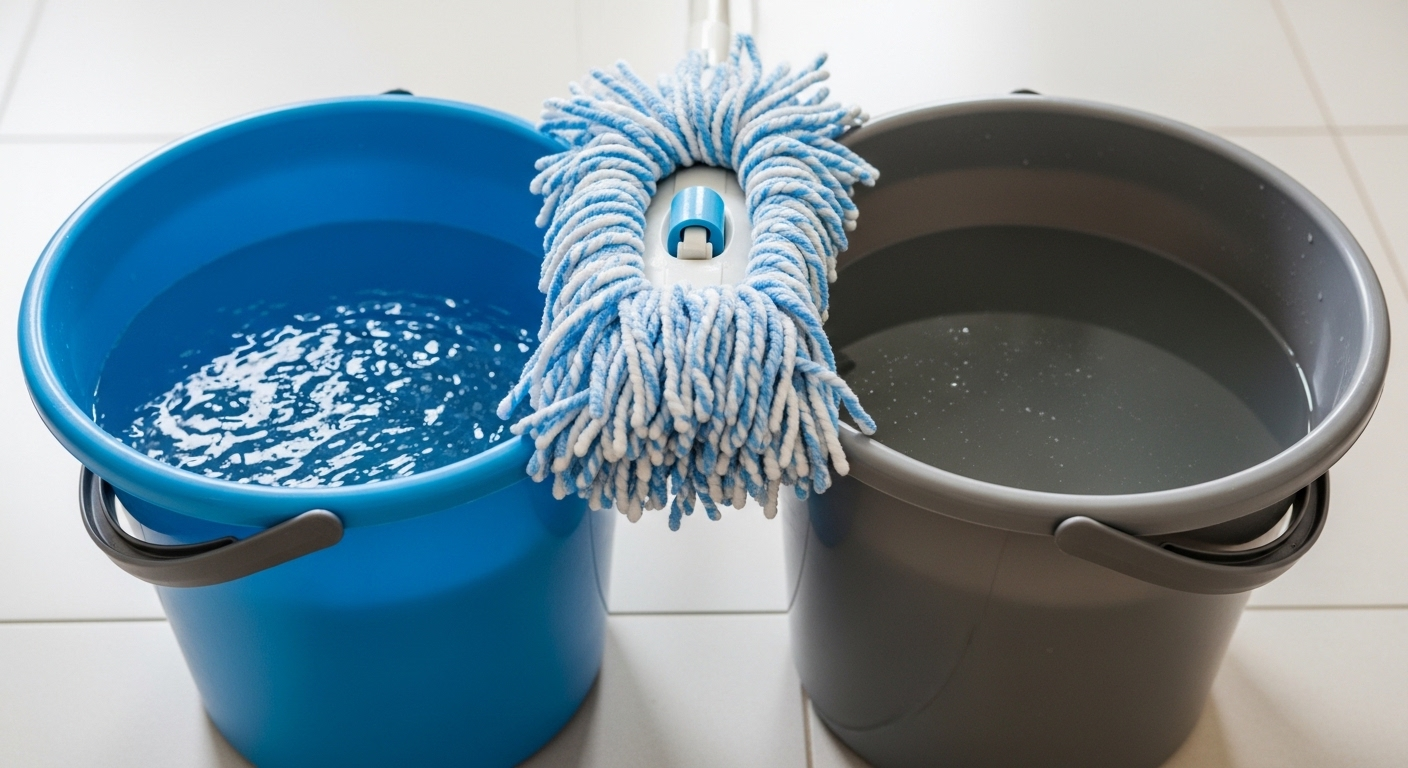 Cận cảnh hai xô nước (một trong, một đục) và đầu cây lau nhà sợi nhỏ sạch trên sàn gạch, minh họa cách lau nhà sạch không bị rít hiệu quả.