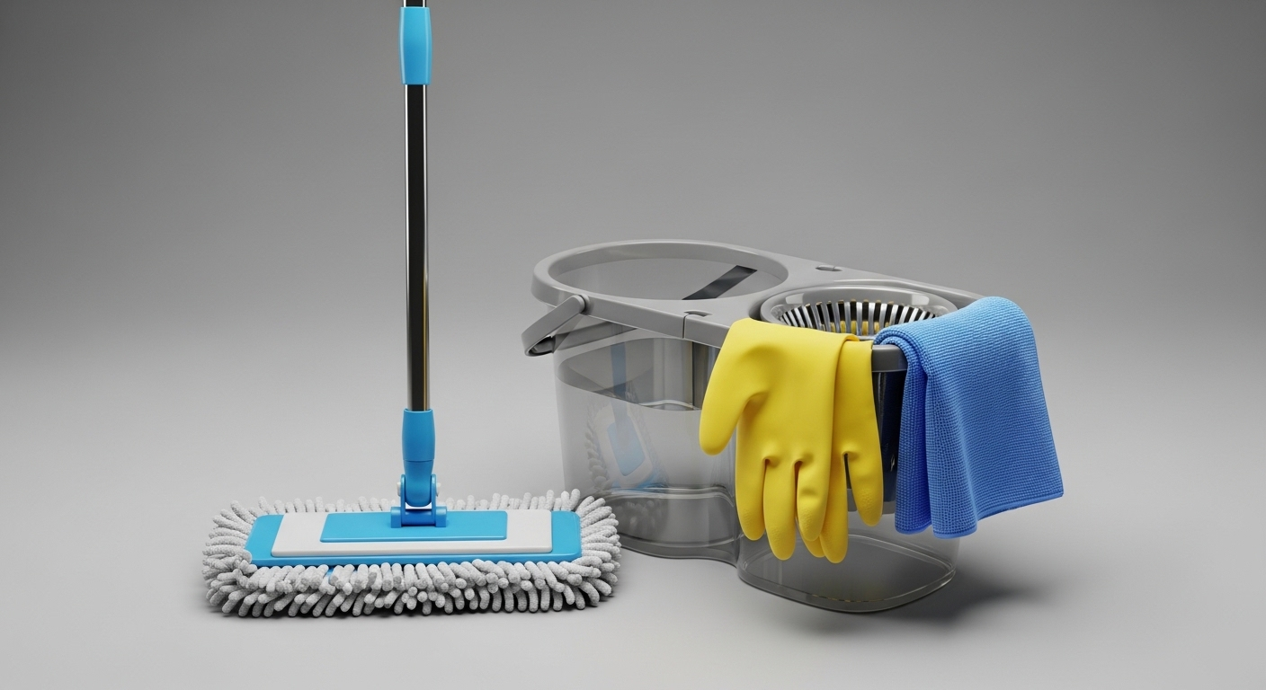 cây lau microfiber, xô nước, găng tay. Chuẩn bị cho cách lau nhà sạch bóng.