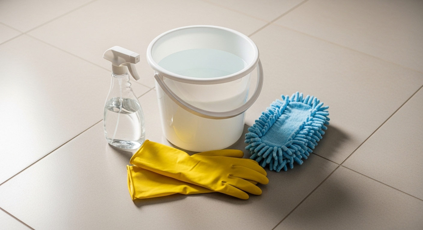 xô nước, găng tay vàng, đầu lau microfiber xanh và bình xịt. Chuẩn bị cho cách lau nhà sạch bóng hiệu quả.