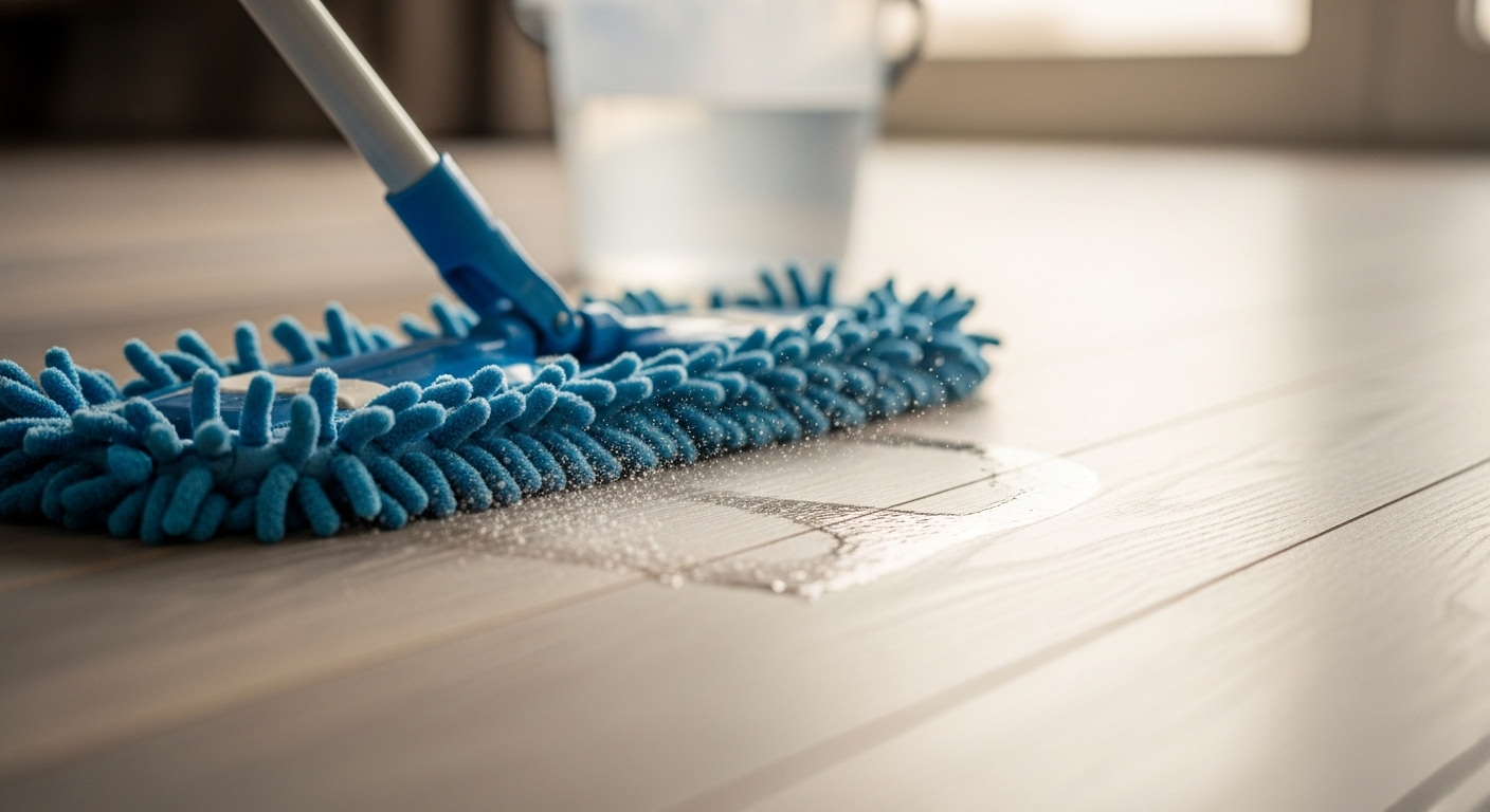 Cận cảnh cây lau nhà microfiber ẩm lướt trên sàn gỗ sáng, minh họa cách lau nhà sạch bóng và khô ráo nhanh chóng, với xô nước sạch mờ ở hậu cảnh.