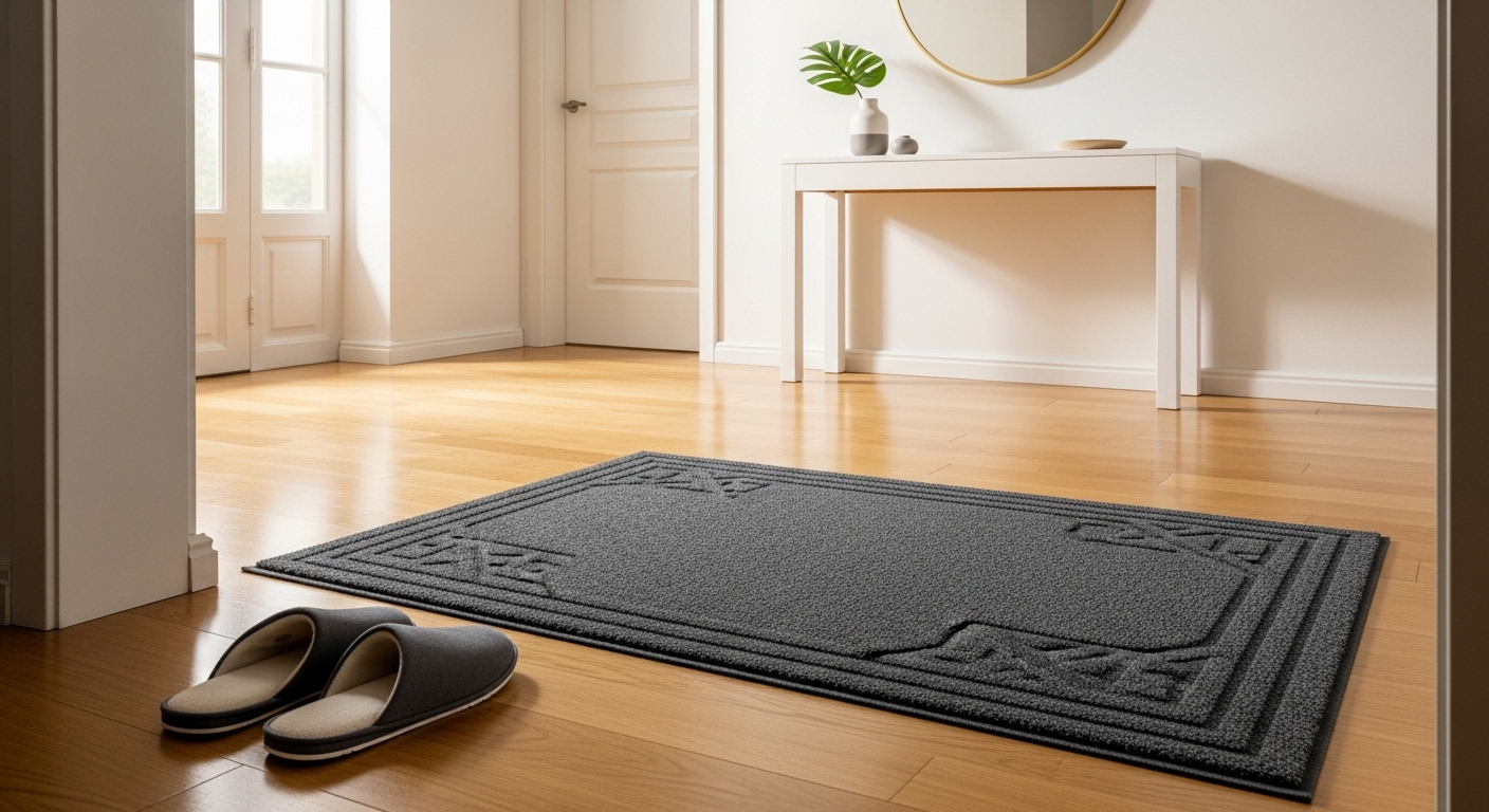 Lối vào nhà gọn gàng với sàn nhà sáng bóng, thảm chùi chân và dép đi trong nhà, thể hiện cách làm sạch sàn nhà hiệu quả.