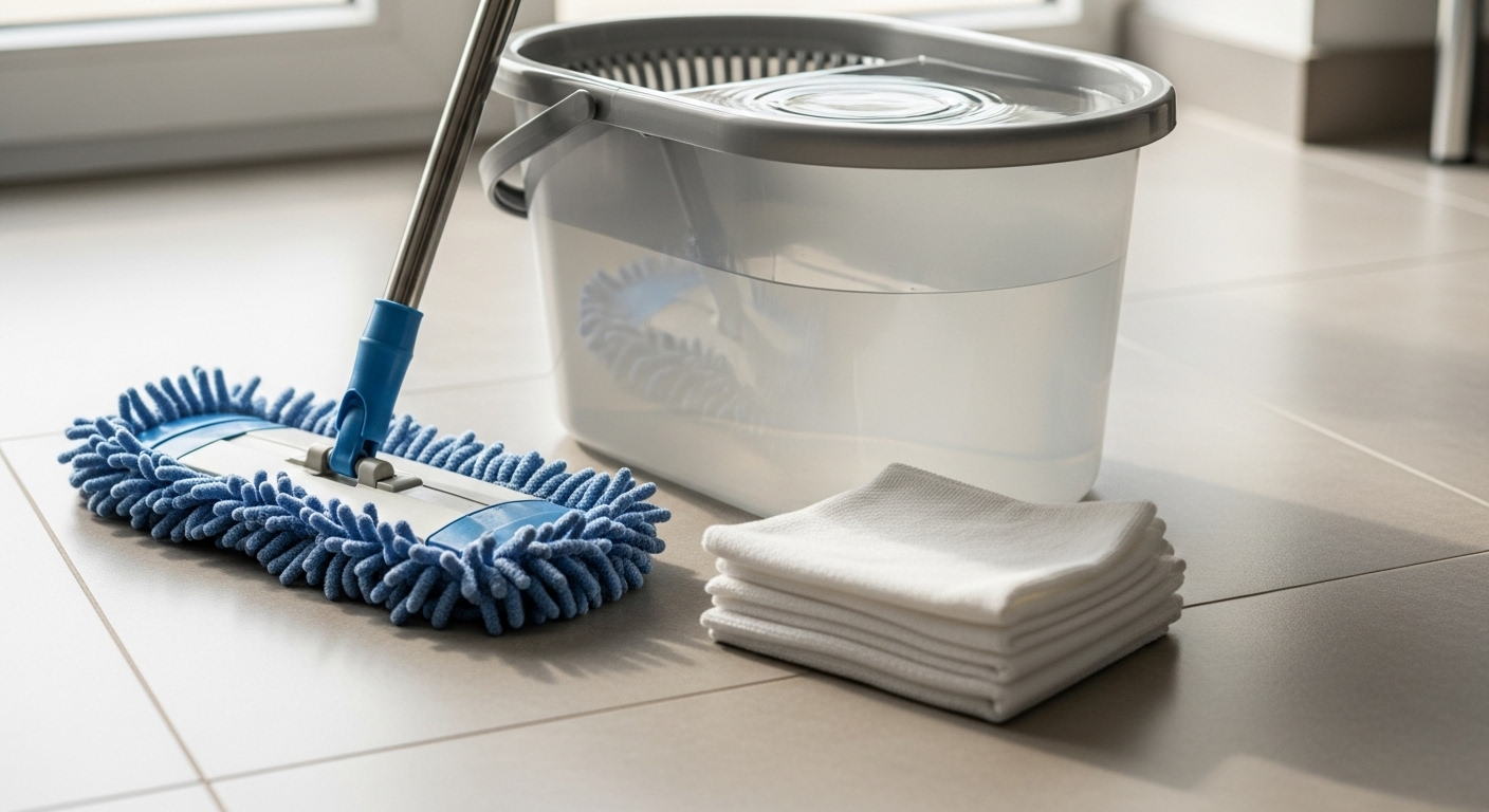 xô nước, cây lau nhà microfiber và khăn trắng, sắp xếp gọn gàng trên sàn gạch.