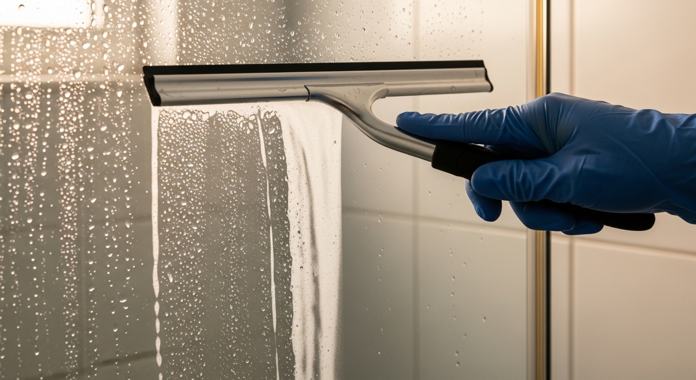 Bàn tay đeo găng dùng cây gạt kính làm sạch cửa kính nhà tắm, tạo ra đường trong veo trên bề mặt còn những giọt nước li ti. Hình ảnh minh họa cách làm sạch kính nhà tắm hiệu quả.