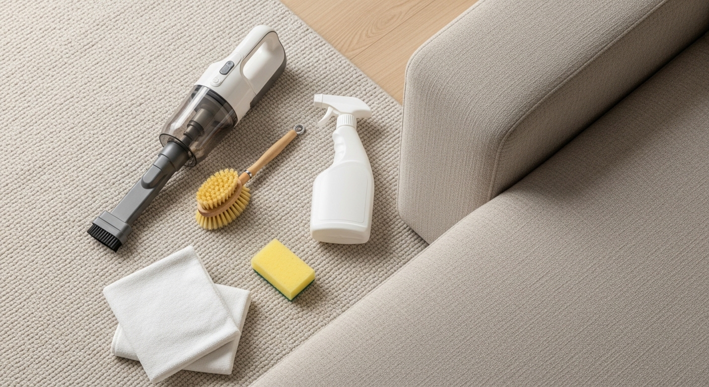 máy hút bụi cầm tay, bình xịt, bàn chải, miếng bọt biển và khăn microfiber gọn gàng trên thảm.