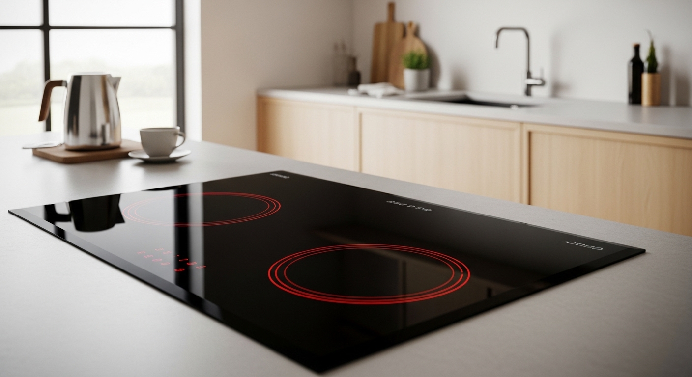 Bếp hồng ngoại đôi âm mặt kính đen sang trọng, tích hợp hoàn hảo trên bàn bếp xám với vùng nấu sáng đỏ. Tìm kiếm giá bếp hồng ngoại hiện đại, cao cấp.