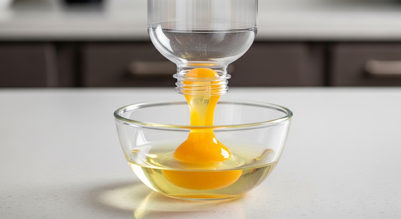 Chai nhựa không nắp hút lòng đỏ trứng vàng tươi từ bát thủy tinh chứa lòng trắng, minh họa mẹo vặt nhà bếp tiện lợi trên bàn bếp sáng.
