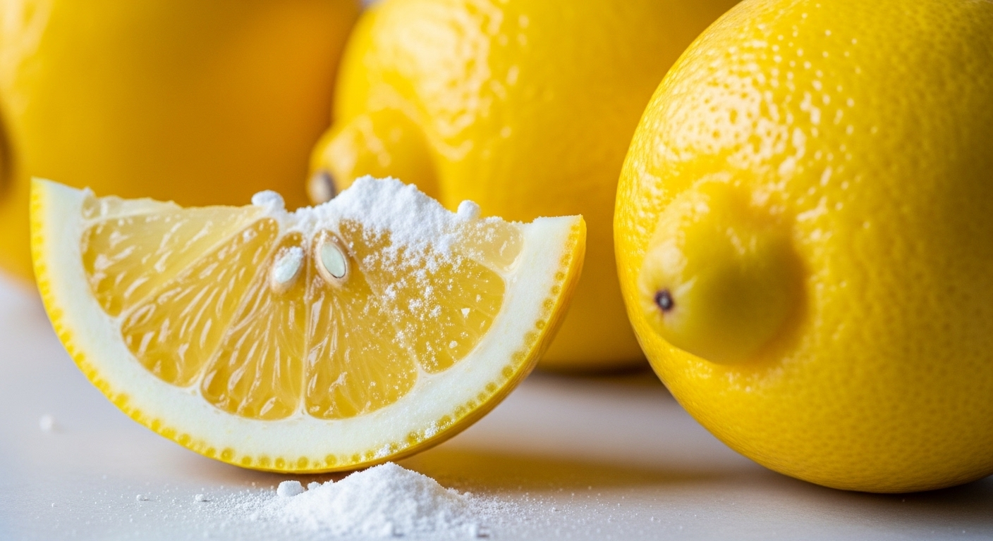 Cận cảnh chanh vàng tươi và baking soda – giải pháp tự nhiên cho cách vệ sinh bồn cầu bị ố vàng.