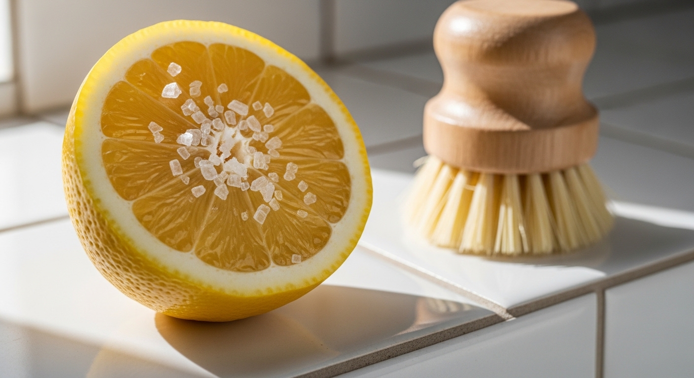 Chanh tươi cắt đôi rắc muối hột và bàn chải trên nền gạch nhà tắm sạch, gợi ý một cách làm sạch nền nhà tắm tự nhiên và hiệu quả.
