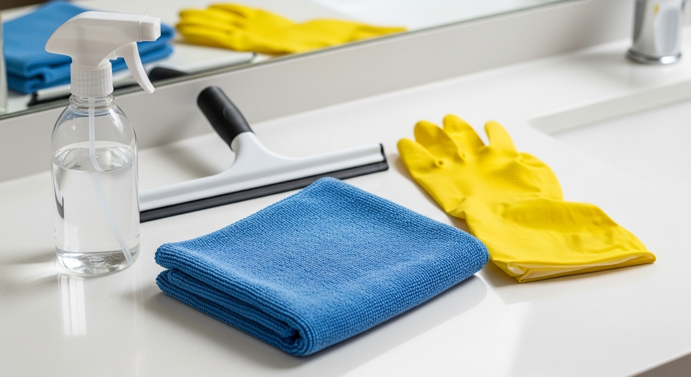 Bộ dụng cụ đầy đủ và gọn gàng cho cách làm sạch gương nhà tắm sáng bóng, bao gồm khăn microfiber xanh, bình xịt, găng tay vàng và gạt nước, trên bàn phòng tắm sạch sẽ.