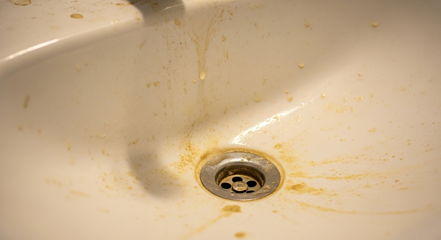 Bồn rửa mặt sứ trắng bị ố vàng, cặn bẩn và xà phòng bám đầy quanh vòi nước. Tìm hiểu cách tẩy trắng bồn rửa mặt hiệu quả.