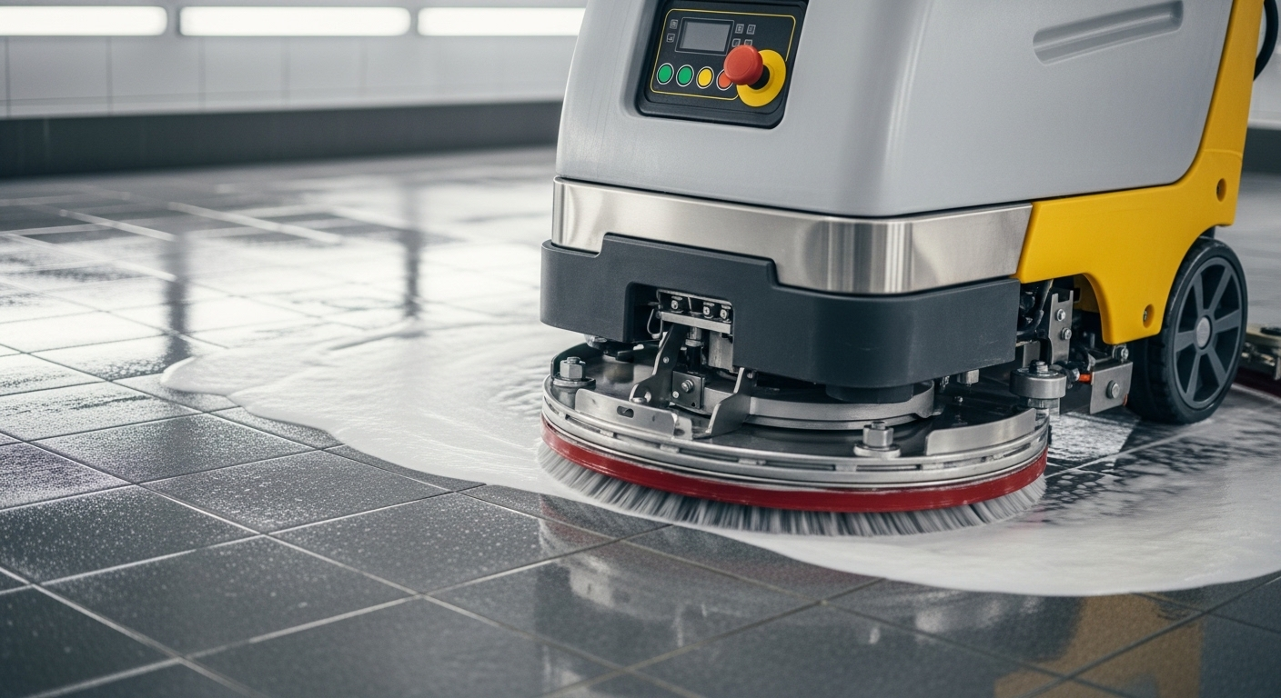 Cận cảnh máy chà sàn công nghiệp đang làm sạch sàn bếp lát gạch hiệu quả với dung dịch tạo bọt. Thiết bị chuyên nghiệp cho dịch vụ thuê vệ sinh nhà đón tết.