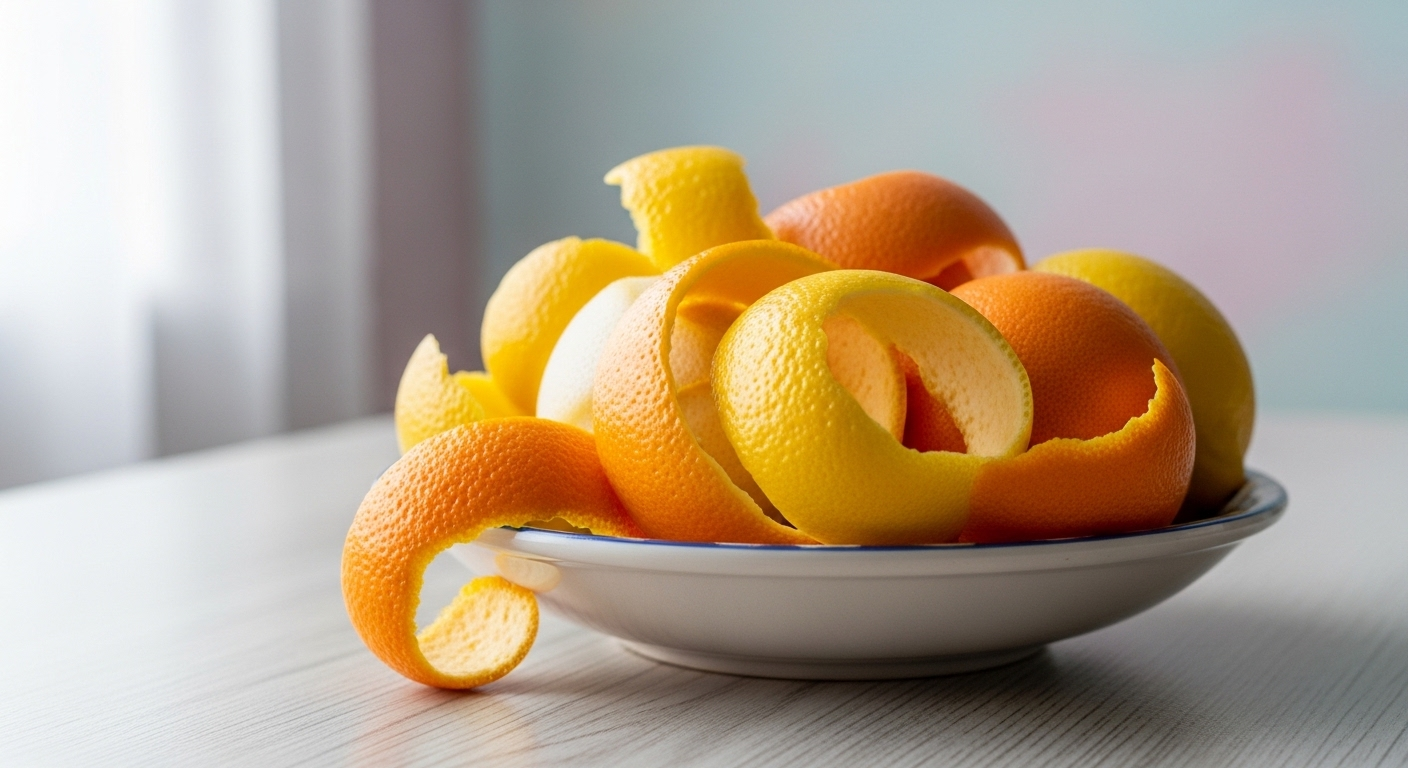 Bát vỏ cam chanh tươi nhiều màu trên bàn gỗ trước tường nhà mới sơn pastel, minh họa cách khử mùi sơn nhà mới tự nhiên hiệu quả.