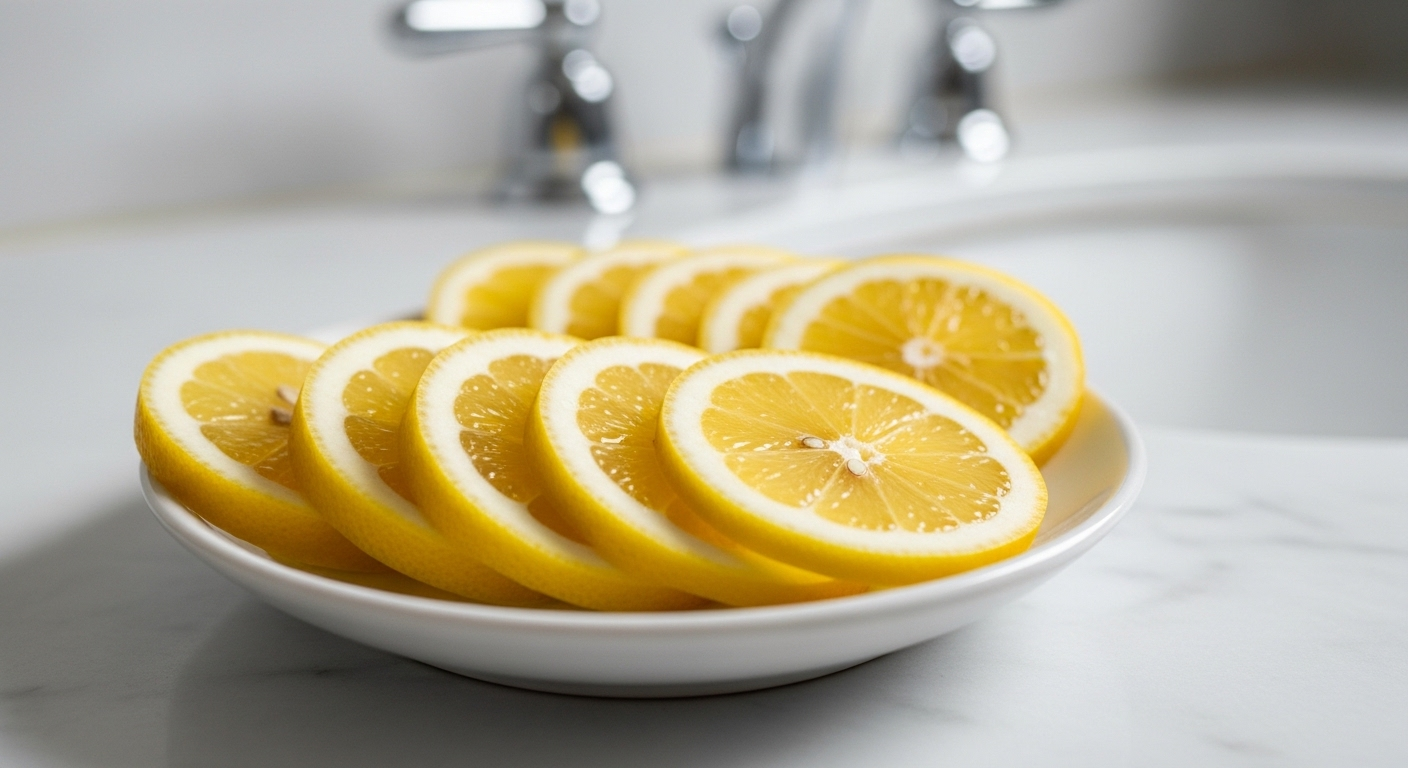Lát chanh vàng tươi trên đĩa sứ trắng đặt trên bàn nhà vệ sinh, gợi ý cách khử mùi nhà vệ sinh hiệu quả và tự nhiên.
