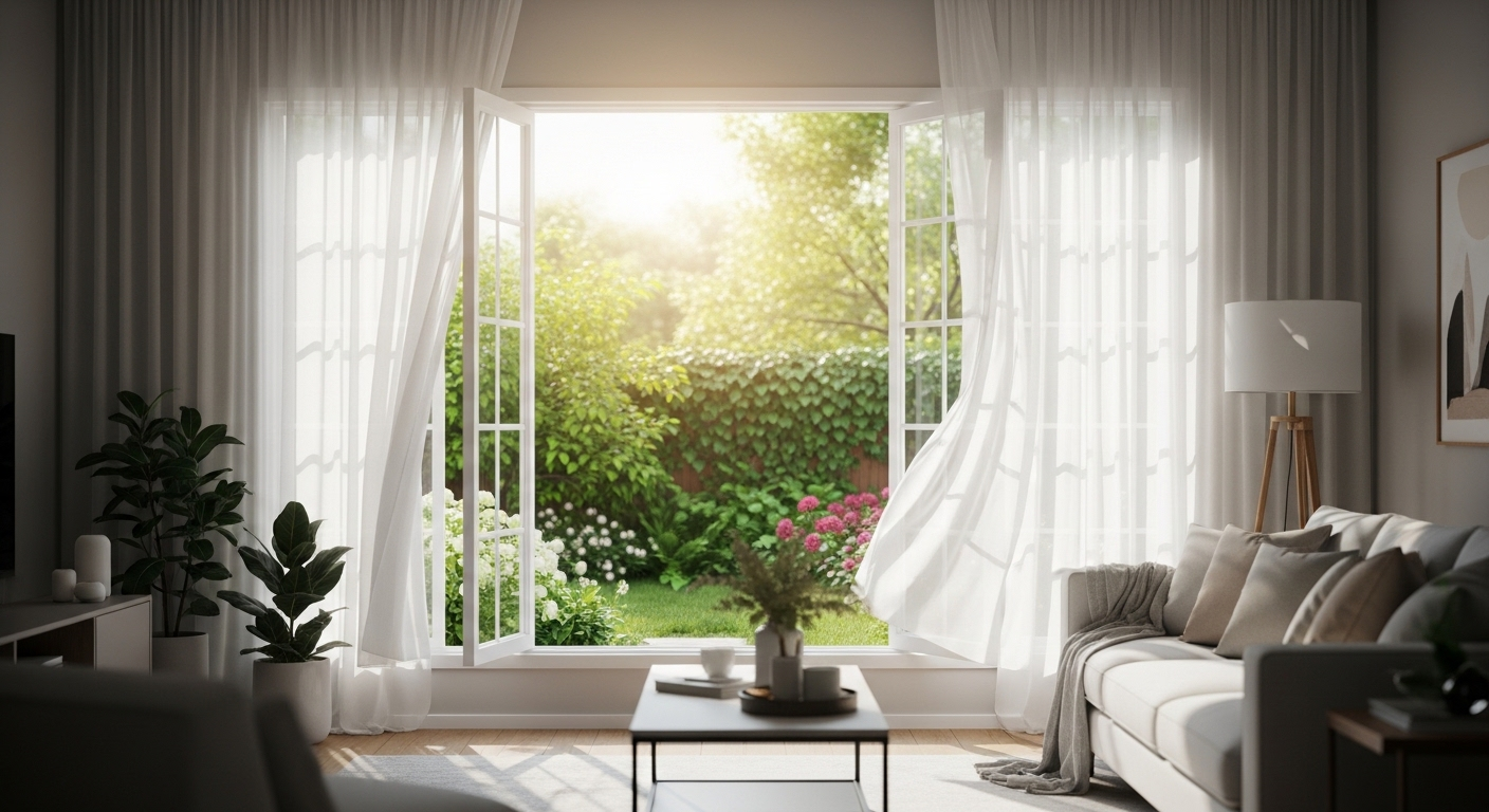 Phòng khách sáng bừng với cửa sổ mở rộng đón nắng và gió từ vườn xanh mướt. Rèm trắng bay nhẹ, tạo không gian thoáng đãng, sạch sẽ – đây là một cách khử mùi hôi trong nhà hiệu quả, cùng chiếc sofa êm ái. Phòng khách sáng bừng với cửa sổ mở rộng đón nắng và gió từ vườn xanh mướt. Rèm trắng bay nhẹ, tạo không gian thoáng đãng, sạch sẽ – đây là một cách khử mùi hôi trong nhà hiệu quả, cùng chiếc sofa êm ái.