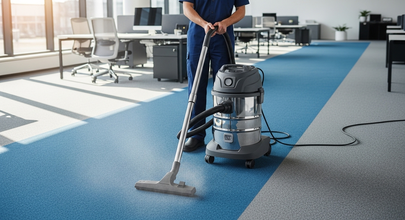 Kỹ thuật viên chuyên nghiệp đang làm sạch thảm xanh lớn bằng máy hút công nghiệp hiện đại, một phần của dịch vụ giặt thảm tại nhà chất lượng cao, mang lại sàn nhà sạch tinh tươm.
