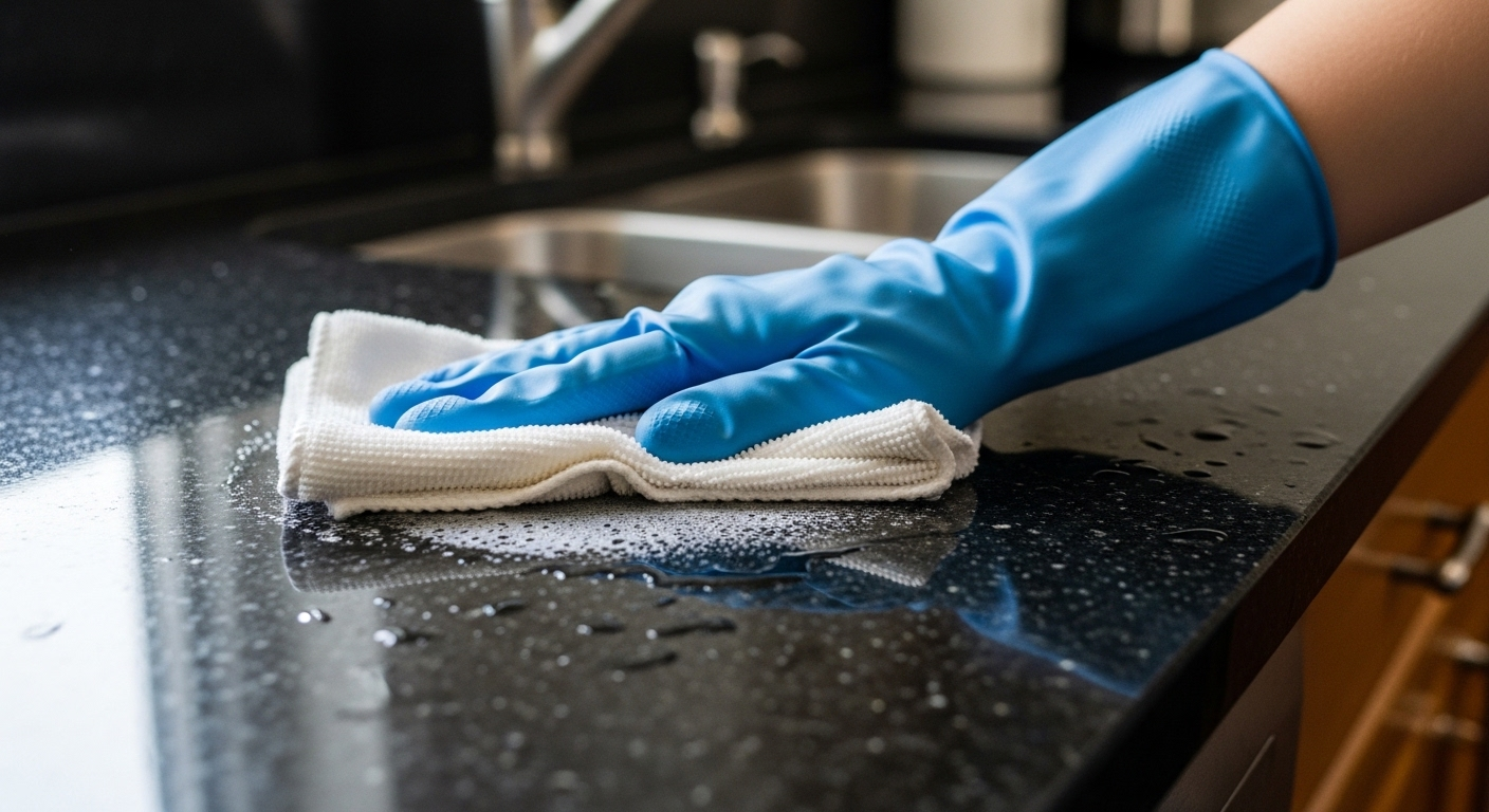 Tay đeo găng cao su xanh đang cẩn thận lau mặt bàn bếp đá granite tối màu bằng khăn ẩm, cho việc vệ sinh nhà bếp hiệu quả.