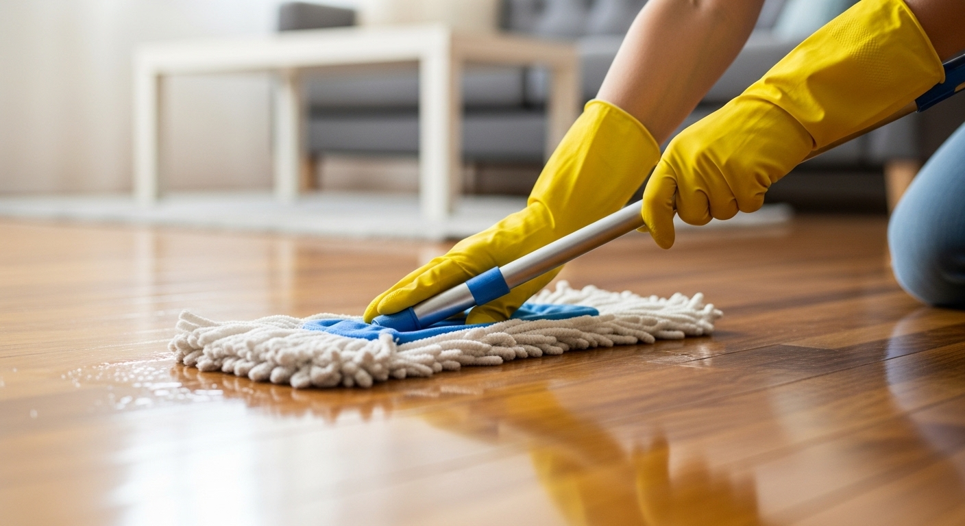 Tay đeo găng vàng dùng cây lau nhà sợi nhỏ ẩm lau sàn gỗ bóng, minh họa cách lau nhà sạch bóng, để lại bề mặt sạch sẽ, sáng bóng trong phòng khách. Tay đeo găng vàng dùng cây lau nhà sợi nhỏ ẩm lau sàn gỗ bóng, minh họa cách lau nhà sạch bóng, để lại bề mặt sạch sẽ, sáng bóng trong phòng khách.