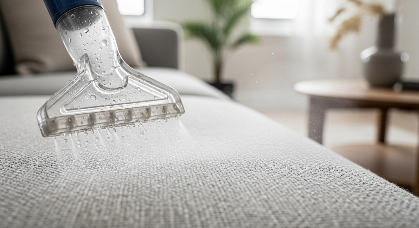 Máy vệ sinh hơi nước đang làm sạch sâu ghế sofa vải màu sáng, tạo làn sương mịn và trả lại vẻ tươi mới. Bức ảnh chân thực này minh họa rõ ràng hiệu quả của việc vệ sinh chuyên nghiệp, giúp bạn dễ dàng quyết định có nên thuê dịch vụ vệ sinh nhà ở để chăm sóc nội thất gia đình.