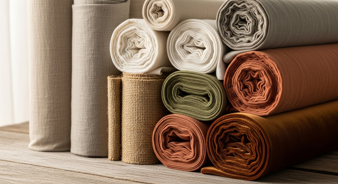 Các cuộn vải linen, cotton, đay, nhung với nhiều họa tiết và kết cấu khác nhau, được xếp gọn gàng trên nền gỗ trong tông màu đất trầm ấm. Hình ảnh minh họa các loại vải cao cấp, lý tưởng để tham khảo khi tìm hiểu cách bọc ghế sofa.