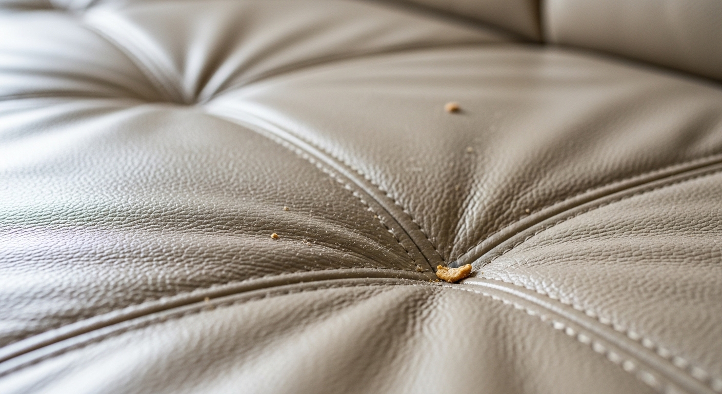 Cận cảnh ghế sofa da màu be nhạt bám bụi mịn và vụn bẩn trong các kẽ, thể hiện rõ nhu cầu cách làm sạch ghế sofa da.