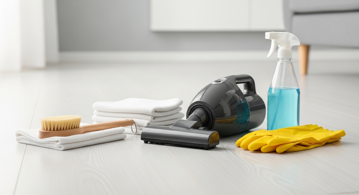 máy hút bụi, bàn chải, khăn, bình xịt, găng tay, sắp xếp gọn gàng trên sàn gỗ.