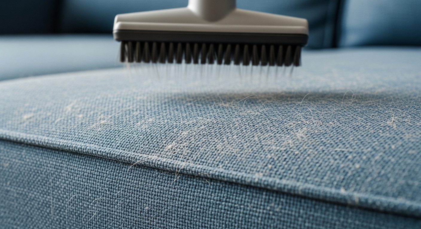 Cận cảnh ghế sofa vải màu xanh bám bụi và lông thú, chuẩn bị được hút sạch bằng đầu hút mềm. Đây là bước quan trọng trong cách giặt ghế sofa vải để giữ sạch và bền đẹp.