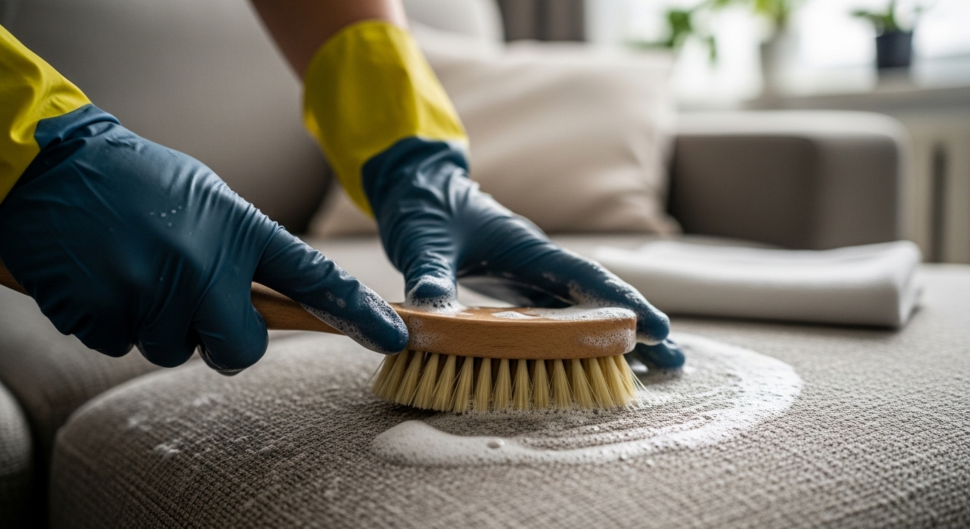 Cận cảnh đôi tay đeo găng nhẹ nhàng dùng bàn chải và dung dịch tạo bọt vệ sinh ghế sofa vải. Hình ảnh minh họa cách giặt khô ghế sofa tại nhà hiệu quả.