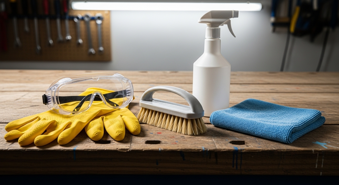 Các dụng cụ vệ sinh và an toàn như găng tay, kính bảo hộ, cọ chà, bình xịt, khăn microfiber, hỗ trợ hiệu quả cho cách tẩy xi măng trắng trên nền gạch.