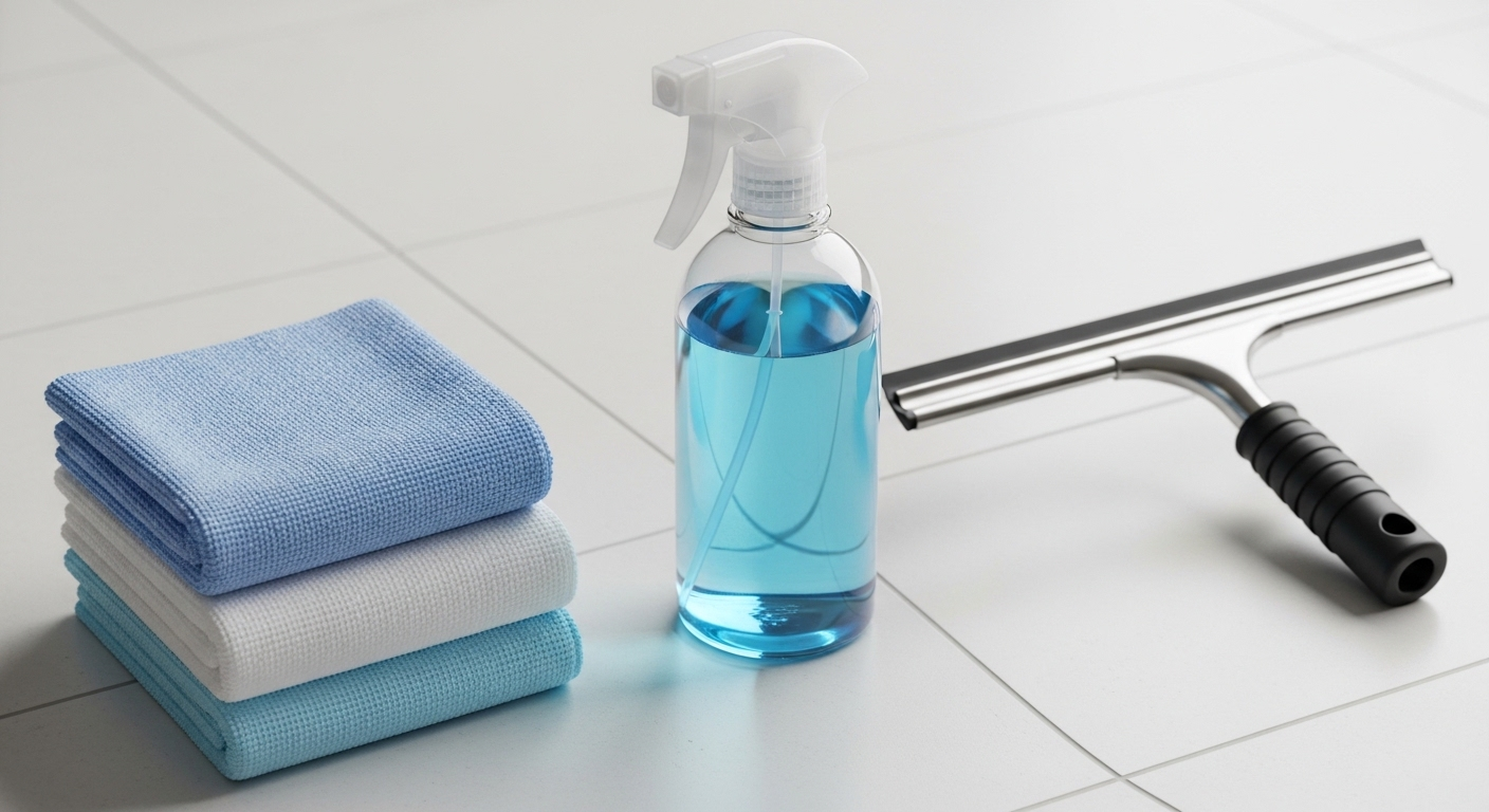 Bộ dụng cụ lau kính chuyên nghiệp gồm bình xịt dung dịch, khăn microfiber sạch và gạt kính, giúp bạn áp dụng cách lau cửa kính nhanh và sạch hiệu quả.