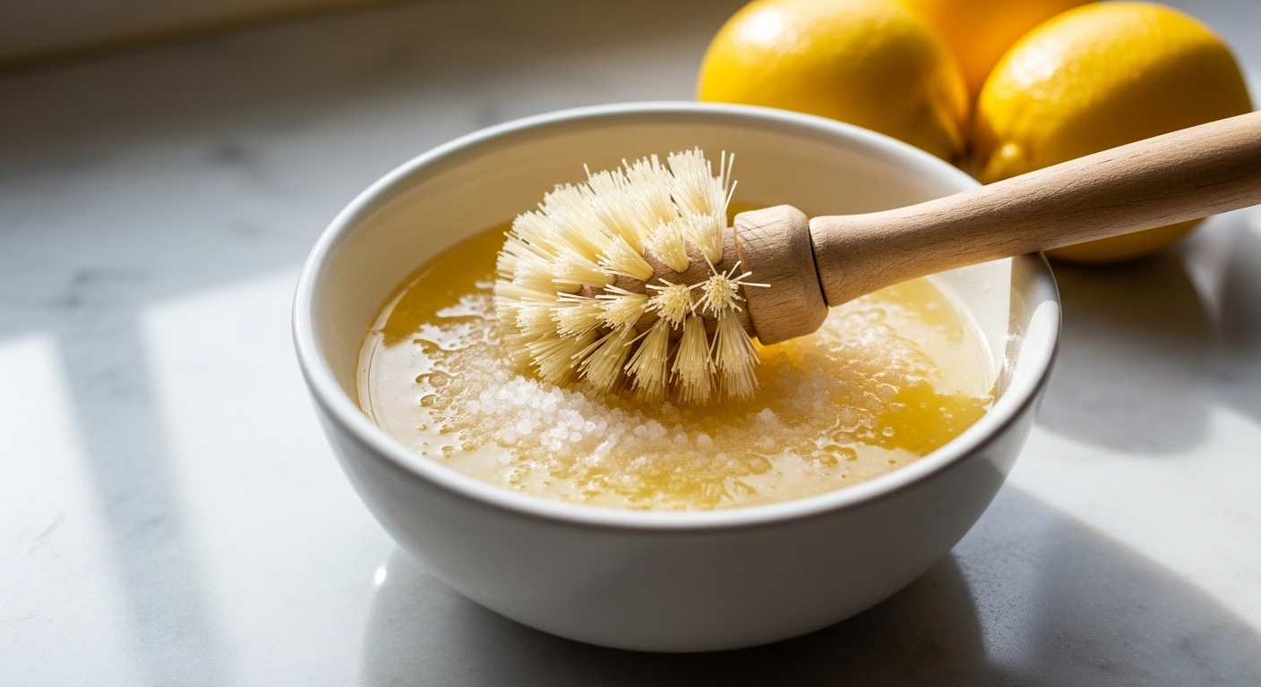 Bát sứ đựng hỗn hợp chanh muối đậm đặc và bàn chải, chuẩn bị tẩy cặn canxi hiệu quả trên quầy bếp sáng. Vài quả chanh tươi phía sau.