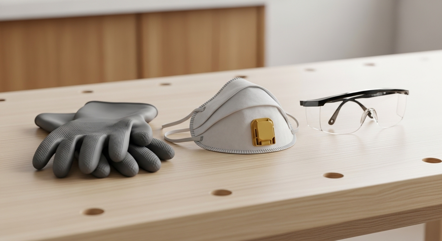 Găng tay cao su, khẩu trang và kính bảo hộ đặt gọn gàng trên bàn, sẵn sàng cho công việc tẩy sơn PU trên gỗ, với phông nền đồ gỗ mờ. Găng tay cao su, khẩu trang và kính bảo hộ đặt gọn gàng trên bàn, sẵn sàng cho công việc tẩy sơn PU trên gỗ, với phông nền đồ gỗ mờ.