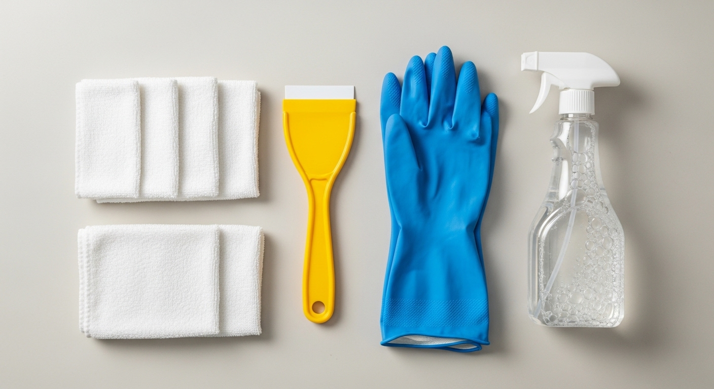 Ảnh chụp từ trên cao các dụng cụ cần thiết để tìm hiểu cách chùi keo sau khi bóc decal, bao gồm khăn mềm, dao cạo nhựa vàng, găng tay cao su xanh và bình xịt dung dịch, được sắp xếp gọn gàng trên bàn làm việc sáng màu.