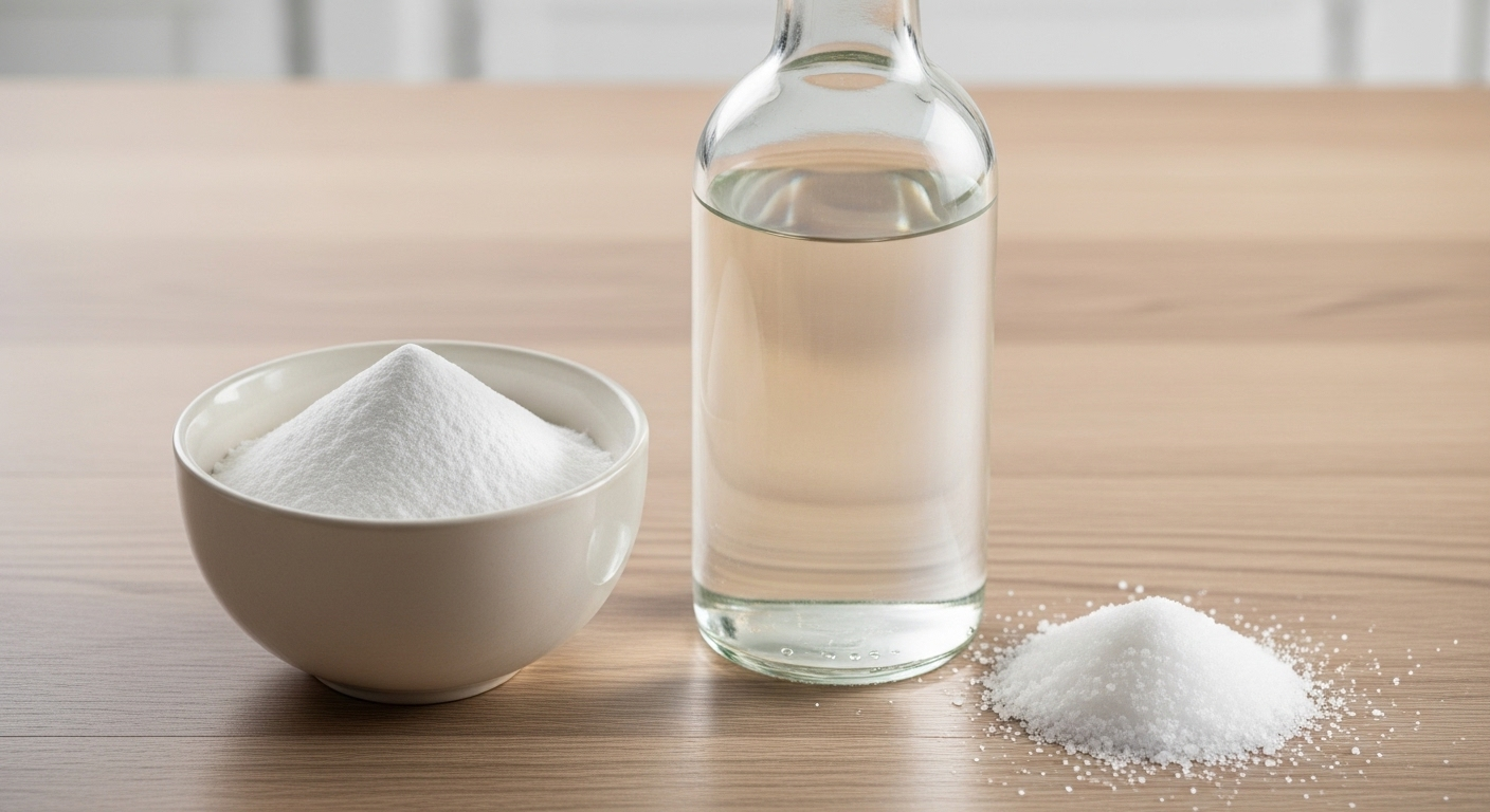 Các nguyên liệu tẩy rửa tự nhiên gồm baking soda, giấm trắng và muối ăn sắp xếp trên mặt bếp gỗ sạch, hướng dẫn cách tẩy vết nước chè trên sàn nhà và các vết bẩn khác hiệu quả.