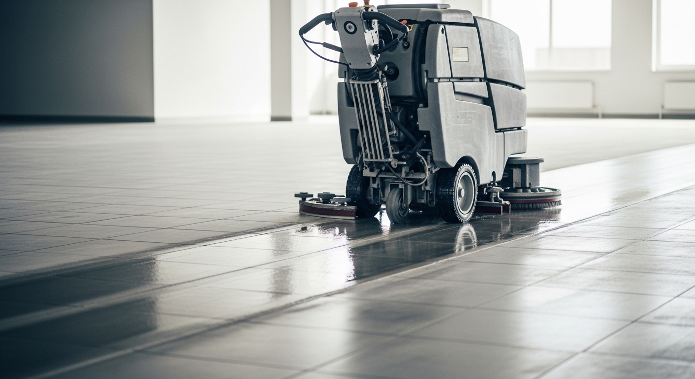 Máy chà sàn chuyên nghiệp đang làm sạch sàn gạch xám trong phòng trống, để lại vệt sạch bóng rõ rệt so với phần còn bụi. Dịch vụ vệ sinh nhà mới xây quận 11 chất lượng cao.