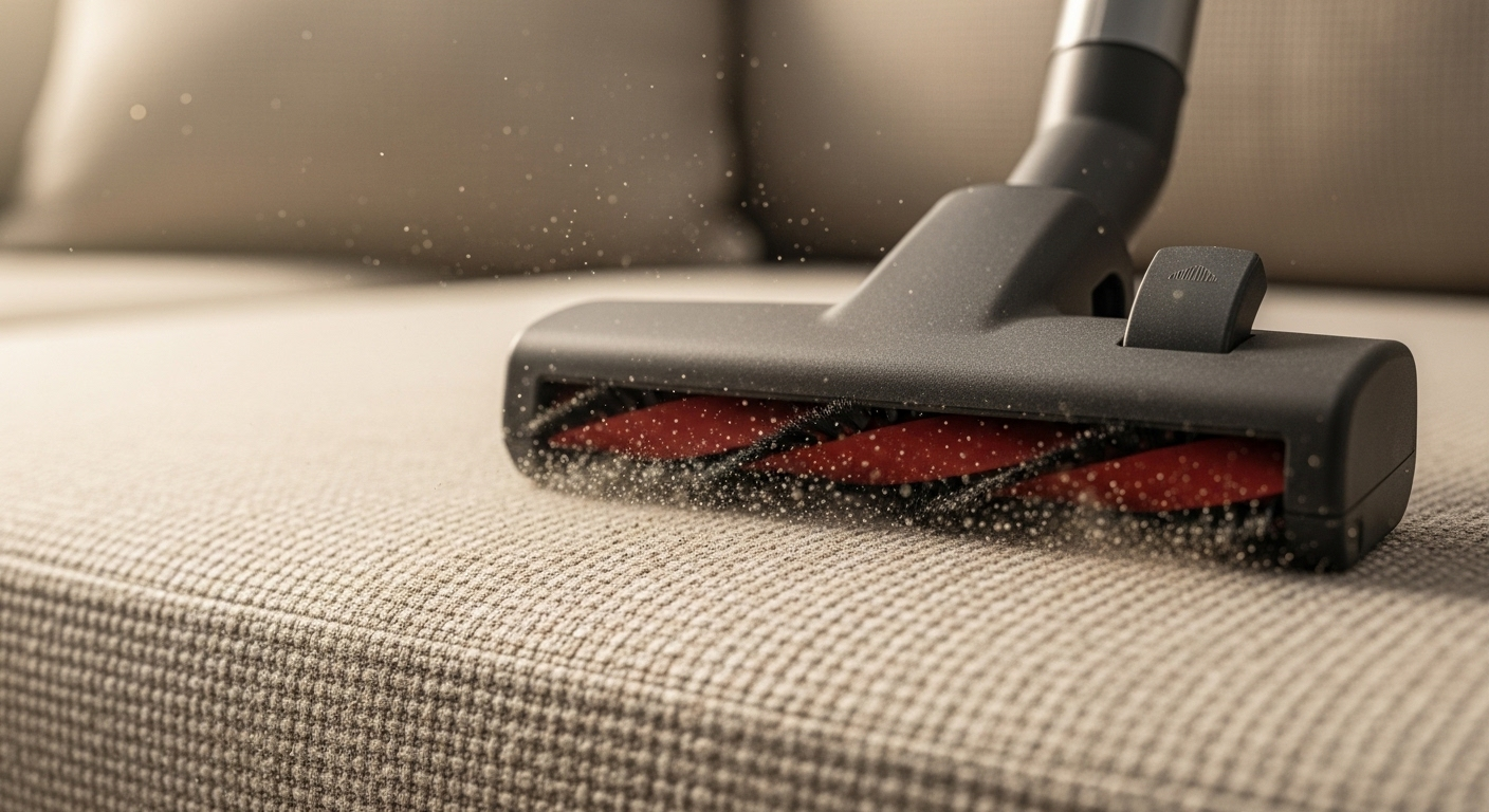 Cận cảnh đầu hút máy hút bụi chuyên dụng đang làm sạch sâu bụi bẩn trên ghế sofa vải màu sáng, minh họa quy trình giặt sofa tại nhà quận 7 chuyên nghiệp.